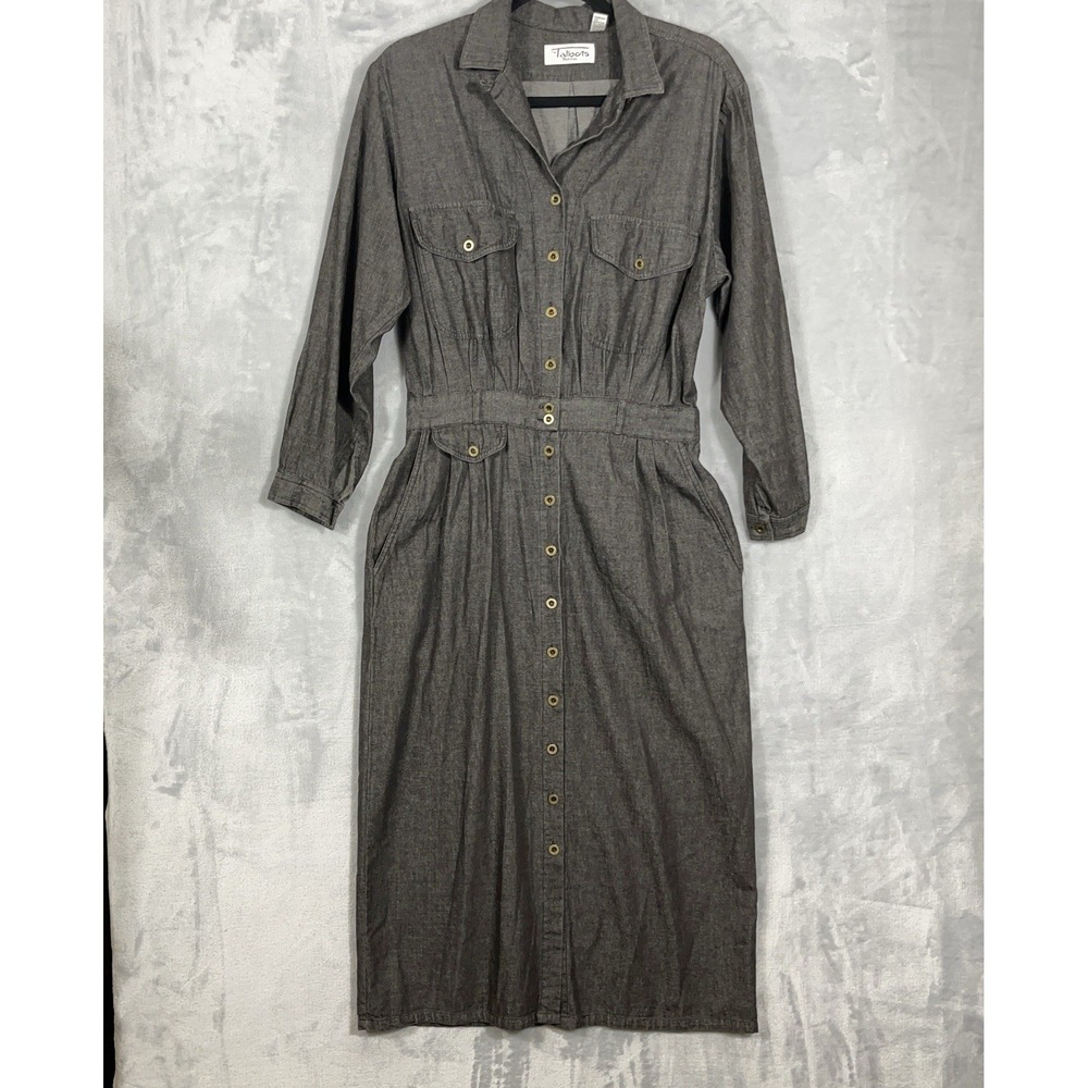 Talbots Black Denim Midi Dress 12 Petite Pockets Button Front